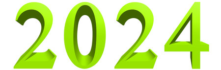 Concept or conceptual 2024 year made of green font isolated on white background. An abstract 3D illustration as a  metaphor for future and hope, business, prosperity, holiday, joy and happinessの写真素材