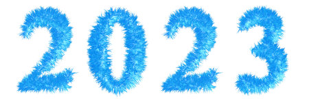 Concept conceptual 2023 year made of blue icy grass symbol isolated on white background. 3d...