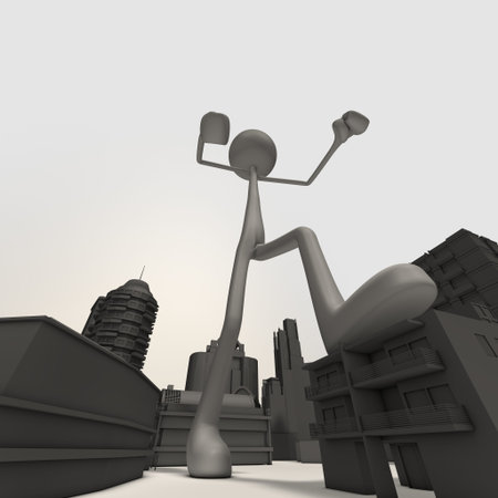 an enormous stickman is attacking the city - low-angle shot