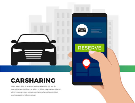 Car-sharing service illustration concept in flat design. Carsharing ride service app - search for...