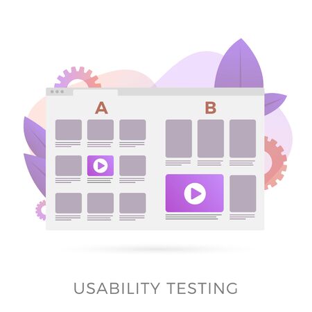 Usability testing with prototype of two different UI web app interfaces for test. A-B comparison with positive feedback, flat vector concept illustration isolated on white backgroundのイラスト素材