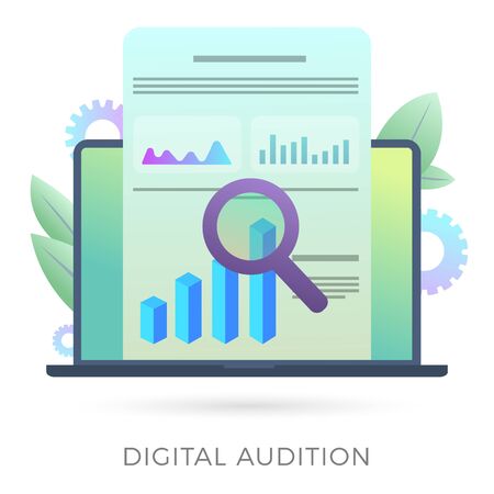 Digital Audition vector icon concept with financial data analysis, seo analytics and marketing research with charts graphs and a magnifier on a laptop screen. Isolated on white background.のイラスト素材