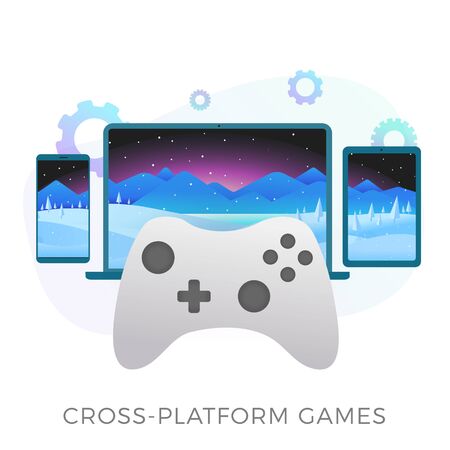 Cross-platform gaming - launch of video games with quick load and save progress files on several devices - phone, tablet and computer. Flat gaming devices with a game joystick in the foregroundのイラスト素材