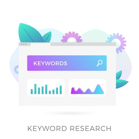 Keyword research - seo on-page optimization vector flat icon. Research and analysis popular search terms with engine optimization. For mobile apps, websites, infographic and presentationのイラスト素材