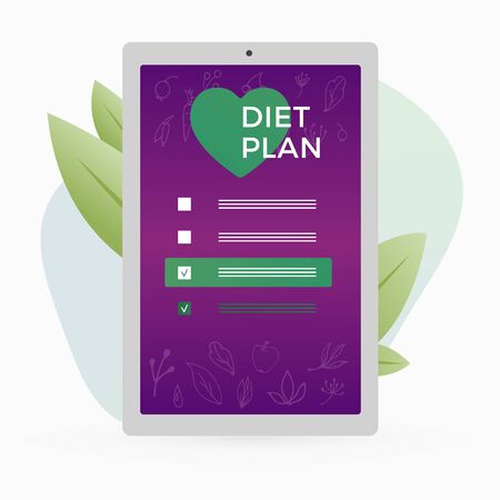 Diet plan checklist with checkmarks and fruits, vegetables and leaves icons on the tablet pc mobile screen. Individual dietary nutrition diet food app service concept. Flat vector illustration.のイラスト素材