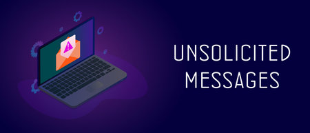 Isometric laptop with envelope icon and e-mail notification with unsolicited messages warning icon....
