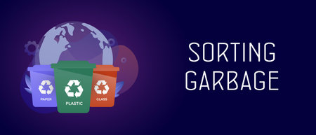 Sorting garbage and waste - ecology and recycle flat vector concept with trash containers, bins for plastic, paper, and glass waste. Header and footer banner template with textのイラスト素材