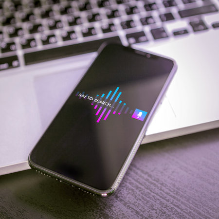 Voice search technology concept, sound recognition, speech detect application. Close-up smartphone...