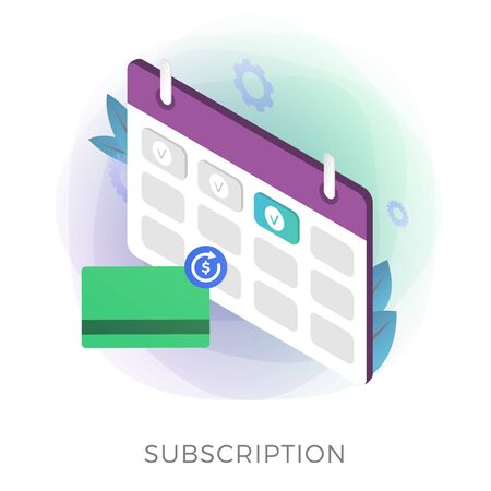 Illustration for Subscription payment flat isometric vector icon. Monthly subscription basis fee concept. Credit Bank card with a recurring payment icon and calendar with a monthly payment date for a registered member - Royalty Free Image