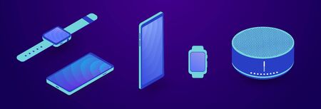 IOT Smart devices gadgets in isometric neon style isolated on dark background. Smartwatch, smart speaker, smartphone iot vector illustration icon.のイラスト素材
