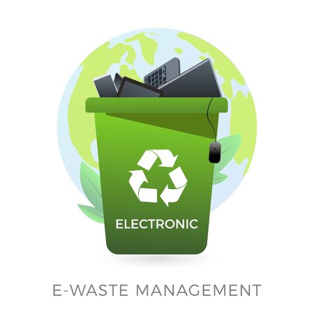 E-waste management concept - waste recycle container bin with old electronic equipment - laptop, phone, keyboard, mouse, computer. Vector illustration icon in flat style isolated on white background.のイラスト素材