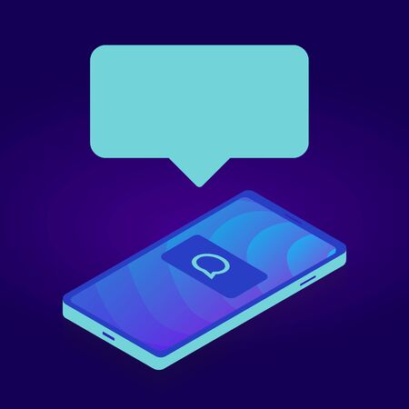 Smartphone device gadget with bubble for your text or picture. Isometric smart phone illustration, trendy neon colors, isolated on dark backgroundのイラスト素材