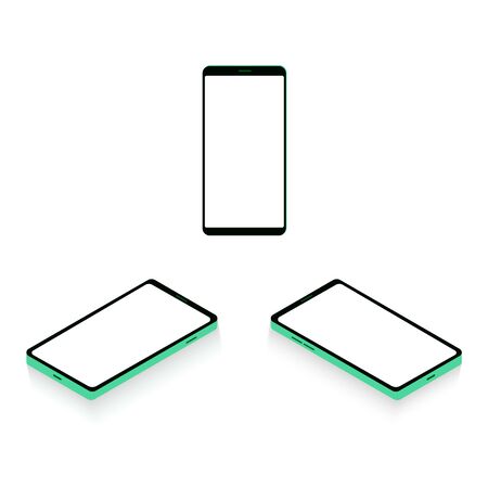 Mobile phone mockup set with blank screen. Isolated Smartphone frame, isometric icon and flat template for UI design interface, infographics or presentation.のイラスト素材