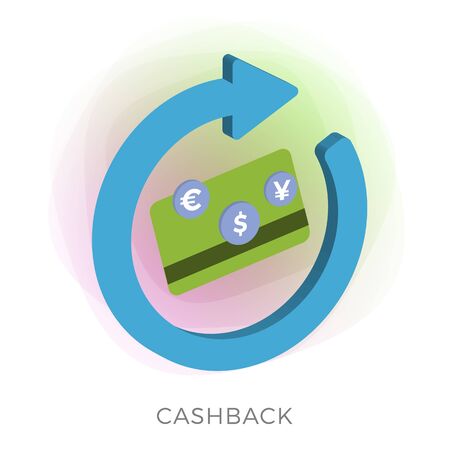 Cashback reward program and money refund flat vector concept. Saving money icon with big returning arrow and dollar, euro and yuan coins droping into credit bank card isolated on white background.のイラスト素材