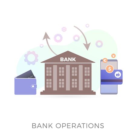 Bank operations flat vector icon concept. Bank building on white background, around gears, arrows and bank card with different currencies and an online banking mobile application for exchanging money.のイラスト素材