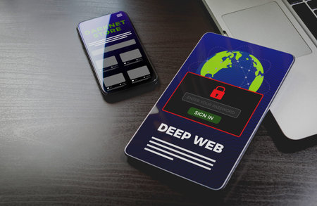 Deep Web and Darknet concept. Tablet PC with not indexed by search engines and deeper level of the...