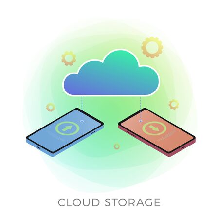 Cloud storage isometric vector icon concept. Downloading and online saving confidential information between two mobile phones. Private and secure cloud hosting data transfers isolated on white.のイラスト素材