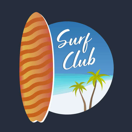 Surf Club or school with text for website, wear, banner, surfing station, sports camp. Surfboard on the background of the sea or ocean placed in a circle. Isolated vector illustrationのイラスト素材