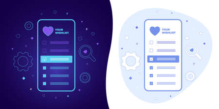 Wishlist vector concept with black and white background, dark ultra violet neon glowing thin icon and light-blue illustration. Smart phone with a checkmarks list of favorite wish items and heart icon.のイラスト素材