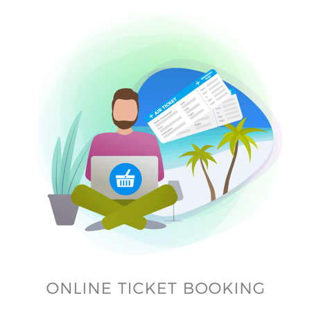 Online Flight Ticket Booking flat vector icon. Mobile application or website service for buying, booking and reserving travel holiday, vacation air tickets. Man makes his journey reservationsのイラスト素材