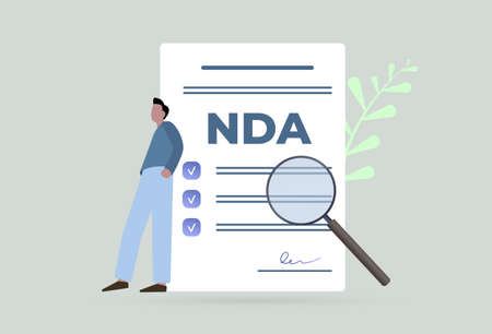 NDA - Non-Disclosure Agreement document concept illustration. Employee and employer contracts. Agreement form, signature and checkmarks icon. Proprietary confidentiality privacy information document.のイラスト素材