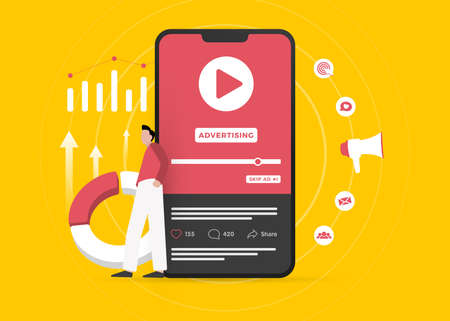 Video Advertising business concept. Online native targeting programmatic advertising marketing strategy. Inbound digital marketing business promotion with online broadcasting, streaming video contentのイラスト素材