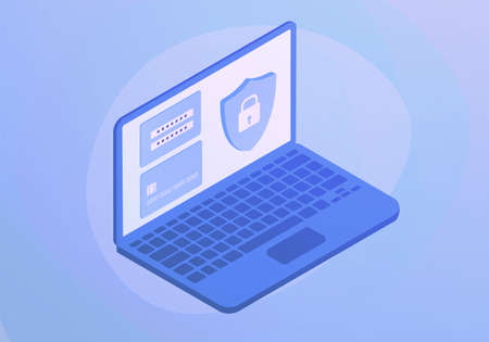 Online payment concept. a laptop with a secure payment form on the screen with fields for entering a bank card number, protected by online processing.のイラスト素材