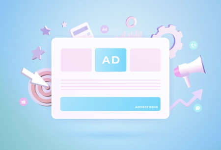 Online Advertising - Programmatic and Native ads marketing strategy concept. Digital advertising media banner block on website, media promotion. Vector 3d illustrationのイラスト素材