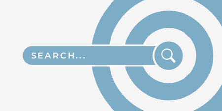 SEO concept illustration. The search bar with the magnifying glass icon. And diverging circles as a...