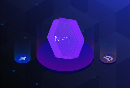 NFT - non-fungible tokens concept illustration. Based in blockchain technology isometric 3d vector icon. Vector illustrationの写真素材