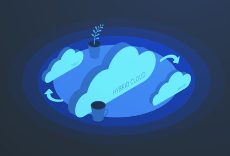 Hybrid Cloud isometric concept. Combination of related public and private storage for flexibility...