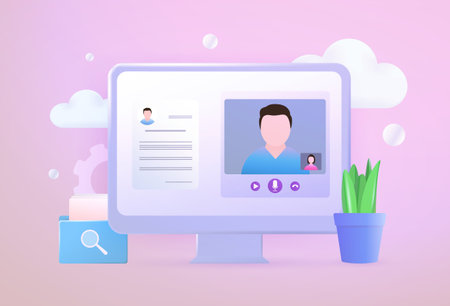 Remotely Job interview by video conference call 3d vector illustration. Business discussion and...