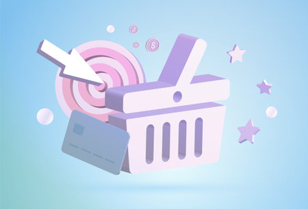 3d online shopping concept. Shopping basket cart with a bank credit card, with a target in the...