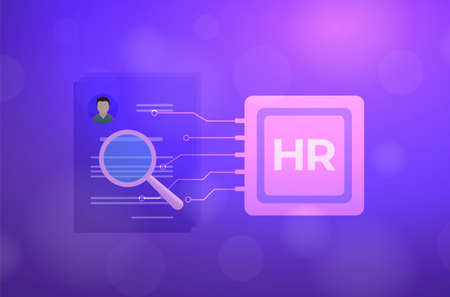 AI in HR - human resource management concept. Artificial intelligence in hiring icon. A robot scans CV resumes database of potential employees for further interviews. HR automationの写真素材