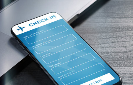 Online check-in in the airlines mobile application or on the companys website. Checkin App form for self-registration and obtaining boarding pass for quick access to the flight at the airportの写真素材