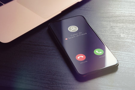 Scam fishing phone call from unknown number that was identified by a security anti-scam app as alert and fraudulent. Block Scam and Unwanted Calls conceptの写真素材