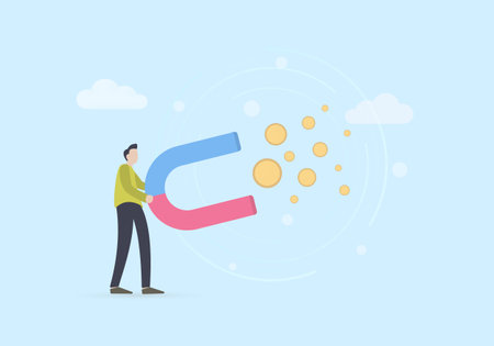 Money earning with magnet concept. Cartoon businessman character hold big power magnet to draw and income more coins. Money Attraction and Financial Goals Achievement.のイラスト素材