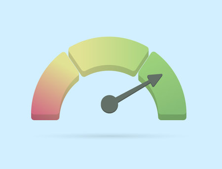 Speedometer meter with arrow 3d vector for dashboard with red, yellow and green indicators. Market sentiment, bitcoin fear and greed index, gauge of tachometer. Low, medium, high and risk levelsのイラスト素材