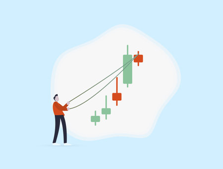 Volatility, FOMO and fluctuation concept. Mistaken strategy in crypto or stock market. Bull or bear trap. The character market maker using the reins to keep the growth of Japanese trading candlesのイラスト素材