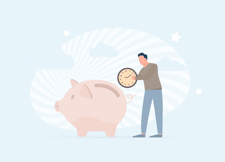 Time saving vector illustration concept with man putting clock face into piggy bank. Timesaving services with work organization and management, scheduling app, planning techniquesのイラスト素材