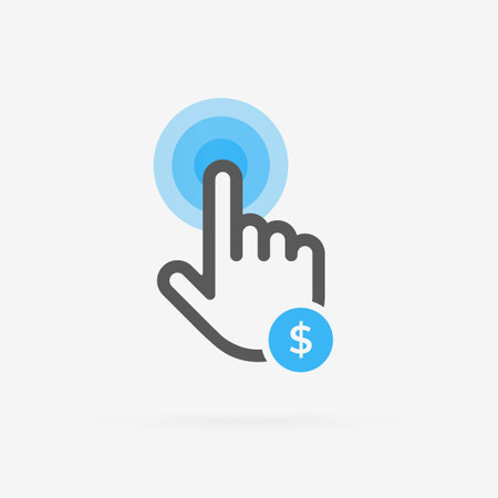 Pay per Click vector icon. PPC or CPL Cost per Lead digital marketing advertising strategy. Hand in the form of a cursor with an icon of money, clicks on advertising concept with black and blue colorのイラスト素材