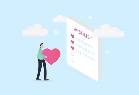 Add to wishlist concept illustration. The character carries a heart as a metaphor for adding a product or service to your favorites wishlistのイラスト素材