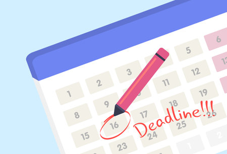 Calendar with deadline sign - important date circled in red marker, event reminder notification vector icon notice. Lack of time conceptのイラスト素材