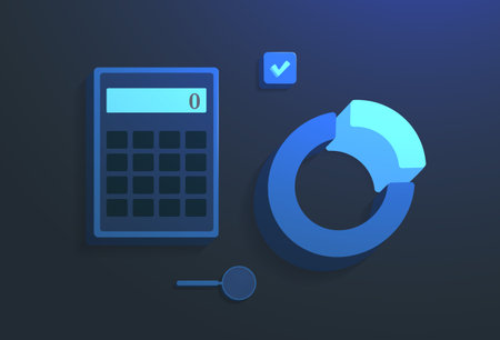 Digital Accounting and Financial Analysis and Research concept. Calculator, magnifier and chart diagram icons in dark blue color in isometric viewのイラスト素材