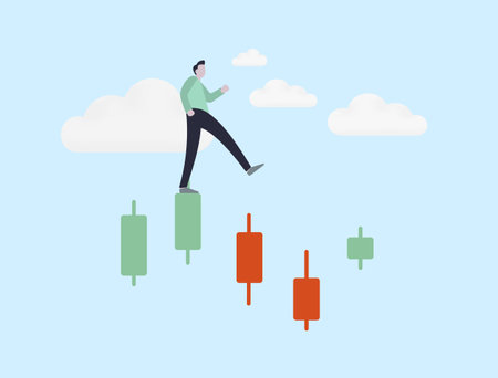 Trading mistakes, volatility on crypto and stock market, risk and uncertainty. A novice businessman underestimate the possible consequences, confidently walks a risky and volatile investment chartのイラスト素材