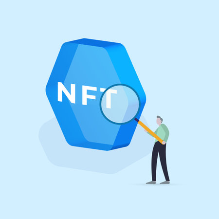 NFT marketplace concept. Digital market for crypto collectibles and exchange NFTs - non-fungible tokens. Vector illustration with a character with a magnifying glass who chooses unique futuristic artのイラスト素材
