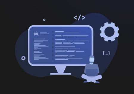 Functional programming, Object-oriented languages concept. Machine code on the desktop display screen. Vector illustrationのイラスト素材