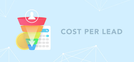 Cost per Lead concept. CPL pricing model, digital marketing business concept with sales funnel, calc and coin. Flat design horizontal vector illustrationのイラスト素材