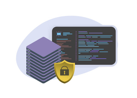 Data center security with protecting data servers from unauthorized access. Cybersecurity websites configuration. Hosting with server and console with code.のイラスト素材