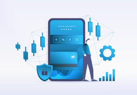 Fintech app concept illustration. Financial technology - Digital banking, Personal finance, Investments, Blockchain and cryptocurrency, RegTech financial and banking services in one mobile fintech appのイラスト素材